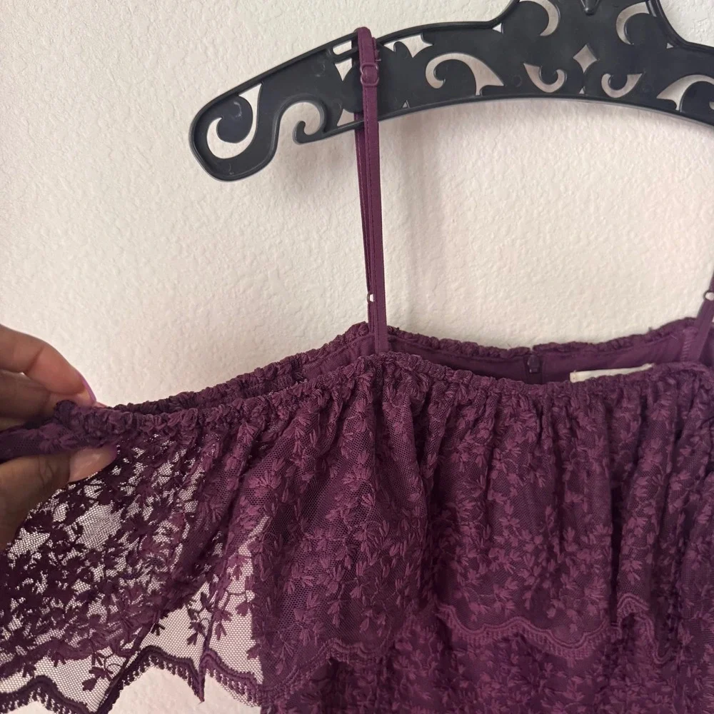 HM Plum Purple Lace Off Shoulder Midi Dress Ruffle Cold Shoulder Size 4